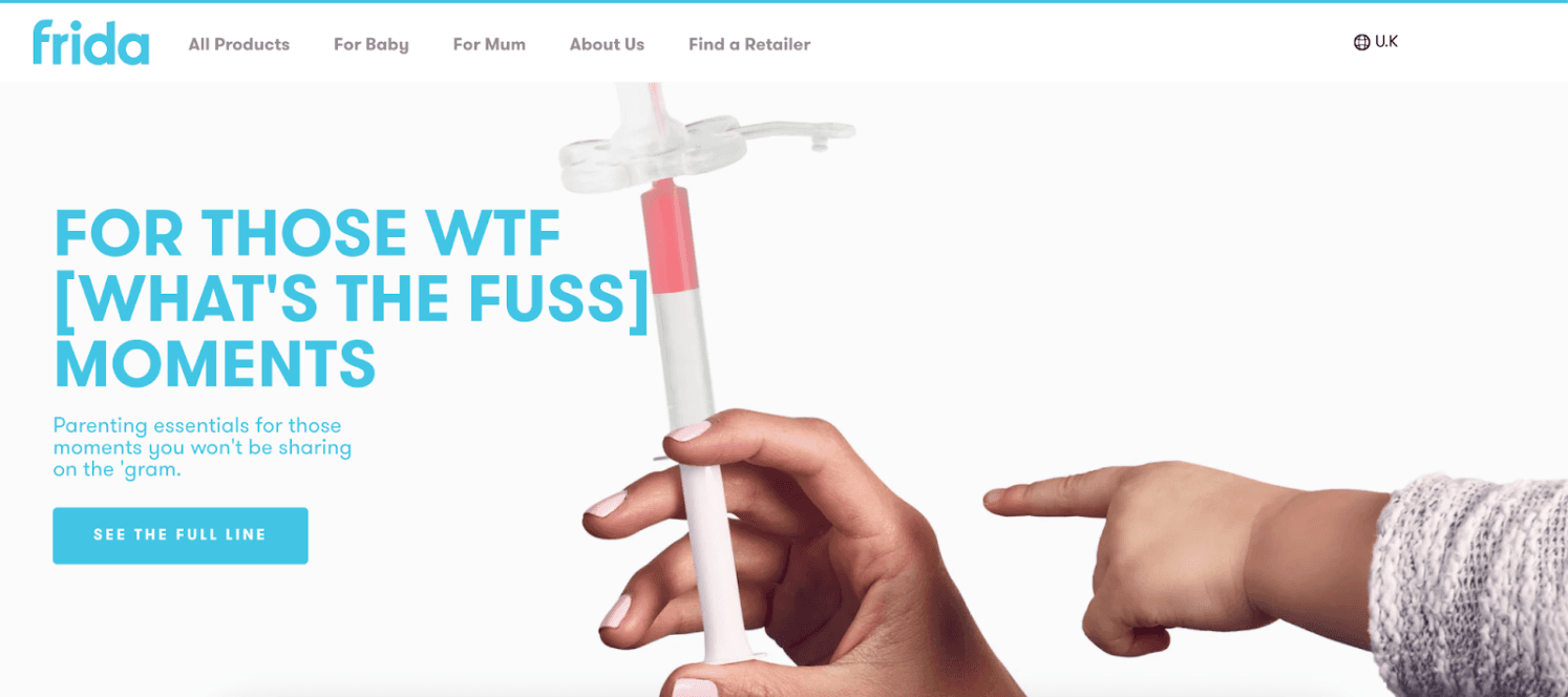 Screenshot of the Frida Baby page depicting a hand holding their Soother-Style Medicine Dispenser tool and a description that says “For those WTF [what’s the fuss] moments.”