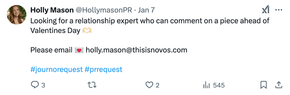 Valentine's Day journalist request example