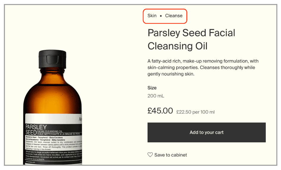 Subtle button/text links (circled) on Aesop PDP