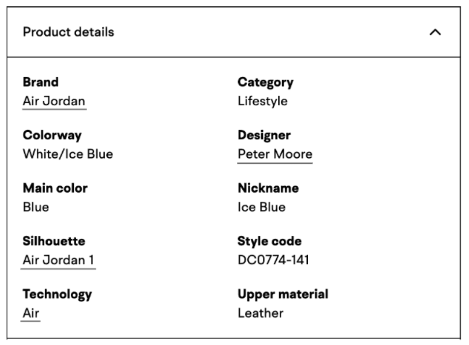 Example of attribute linking in a product details table from a trainers website