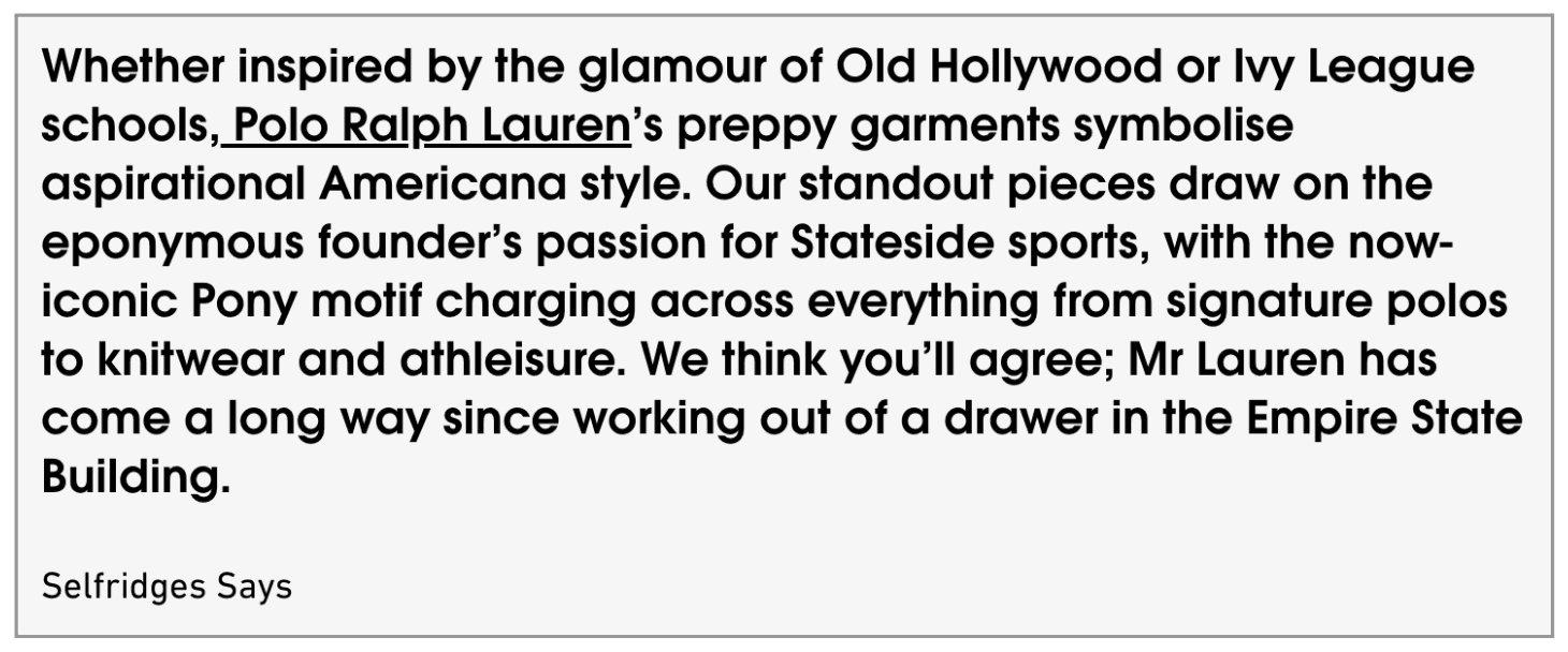 In text link on a PDP to a brand collection on Selfridges