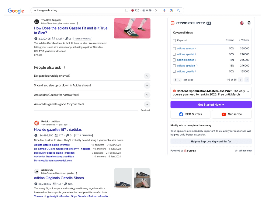 Optimised size guide example