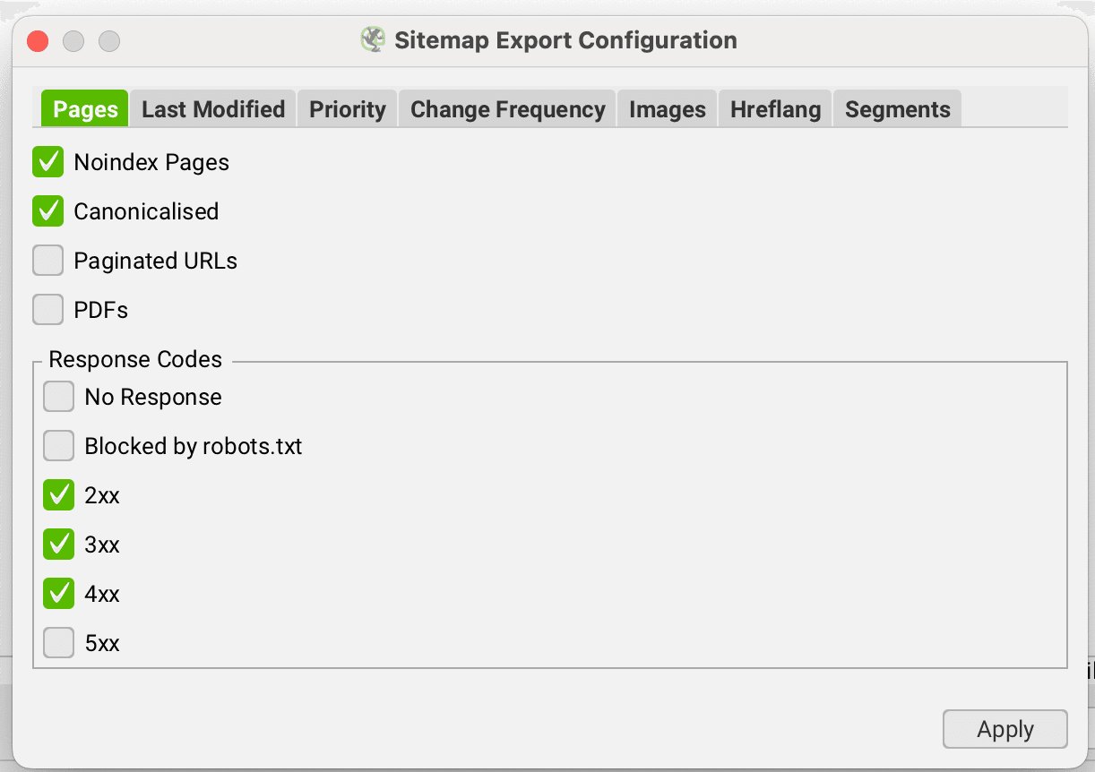 Screaming Frog XML sitemap settings showing buttons to select to include non-indexable URLs into a sitemap