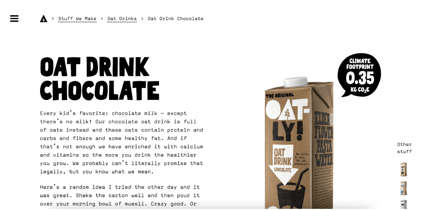 A screenshot of Oatly’s Chocolate drink product page showing an image of the product and their fun product description … delicious.
