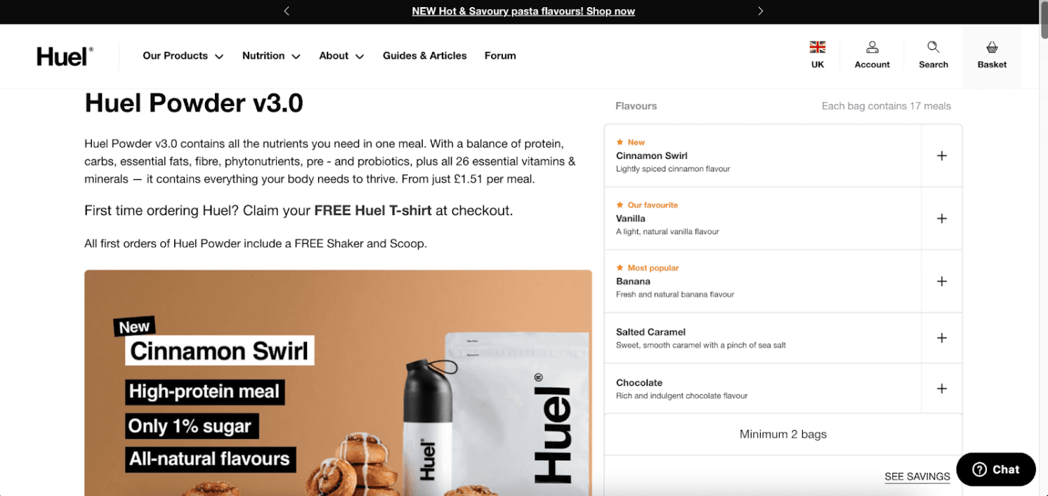 A screenshot of the Huel Powder v3.0 product page showing the different flavour options and some basic nutrient information at the top of the page.