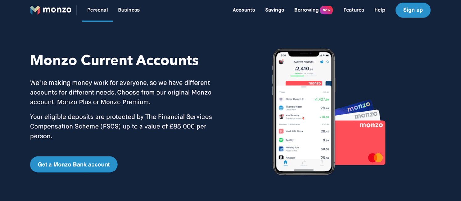 Image shows a screenshot of the Monzo current account web page with its easy-to-find CTA button.