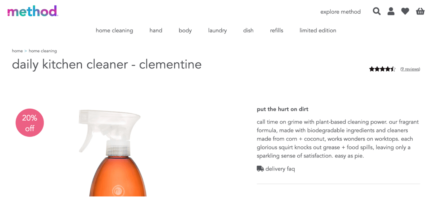 Screenshot from the Method website showing their Daily Kitchen Cleaner product and product copy.