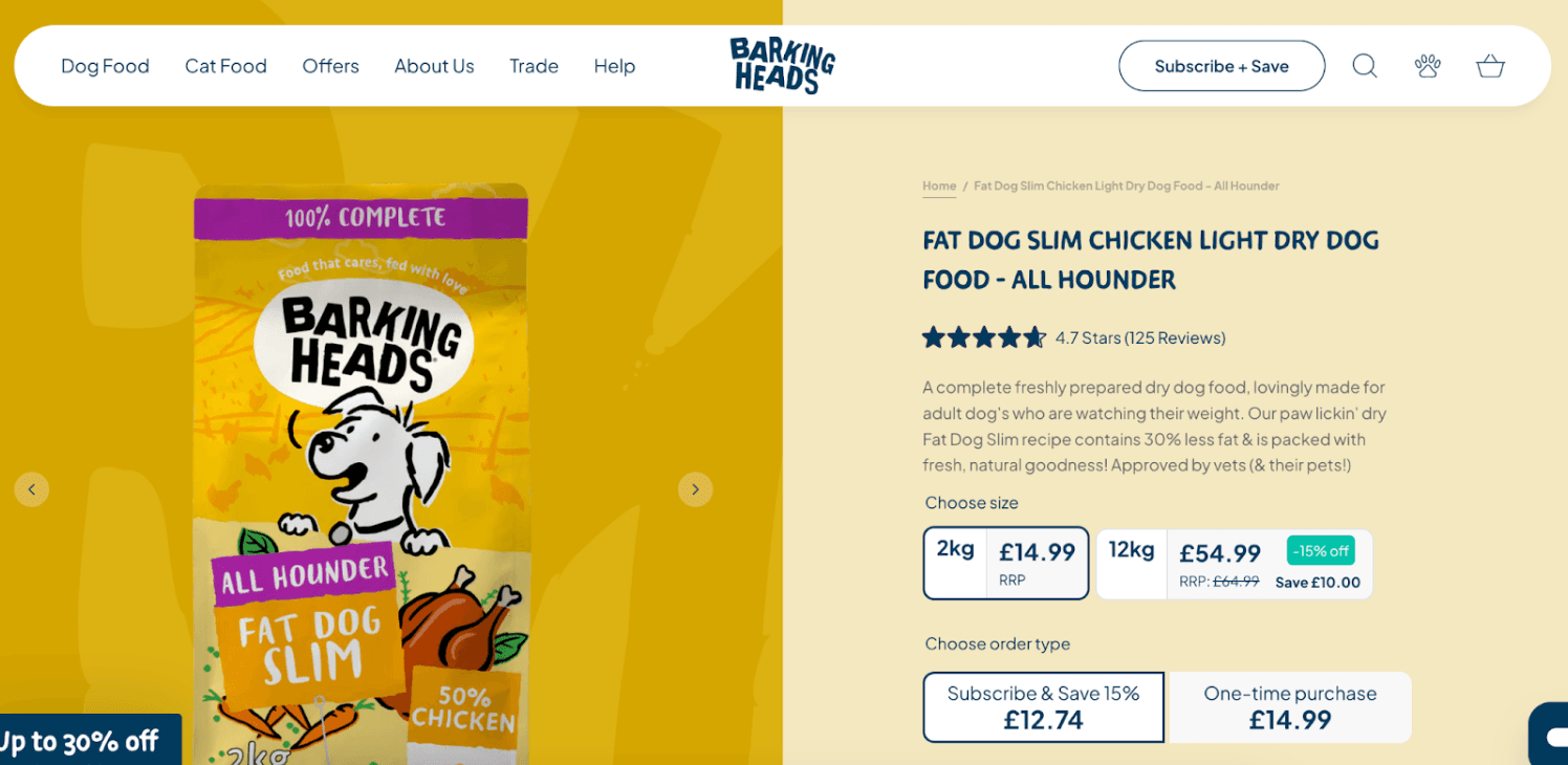 Image is a screenshot of the Barking Heads Fat Dog Slim dry food product page for overweight pups. It shows off their comprehensive size range and product image.